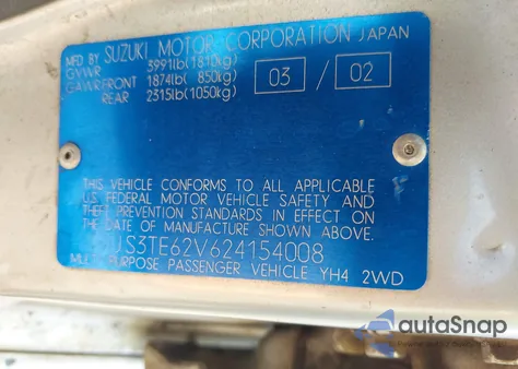 2002 Suzuki Grand Vitara Jls/Limited из США, поврежденный, VIN JS3TE62V624154008